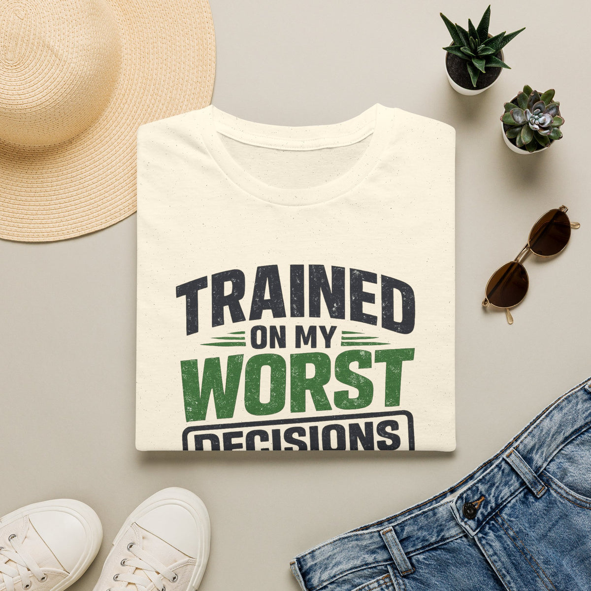 Natural T-Shirt featuring "Trained on My Worst Decisions Fitness" AI humor design by AIronic, gallery view 6