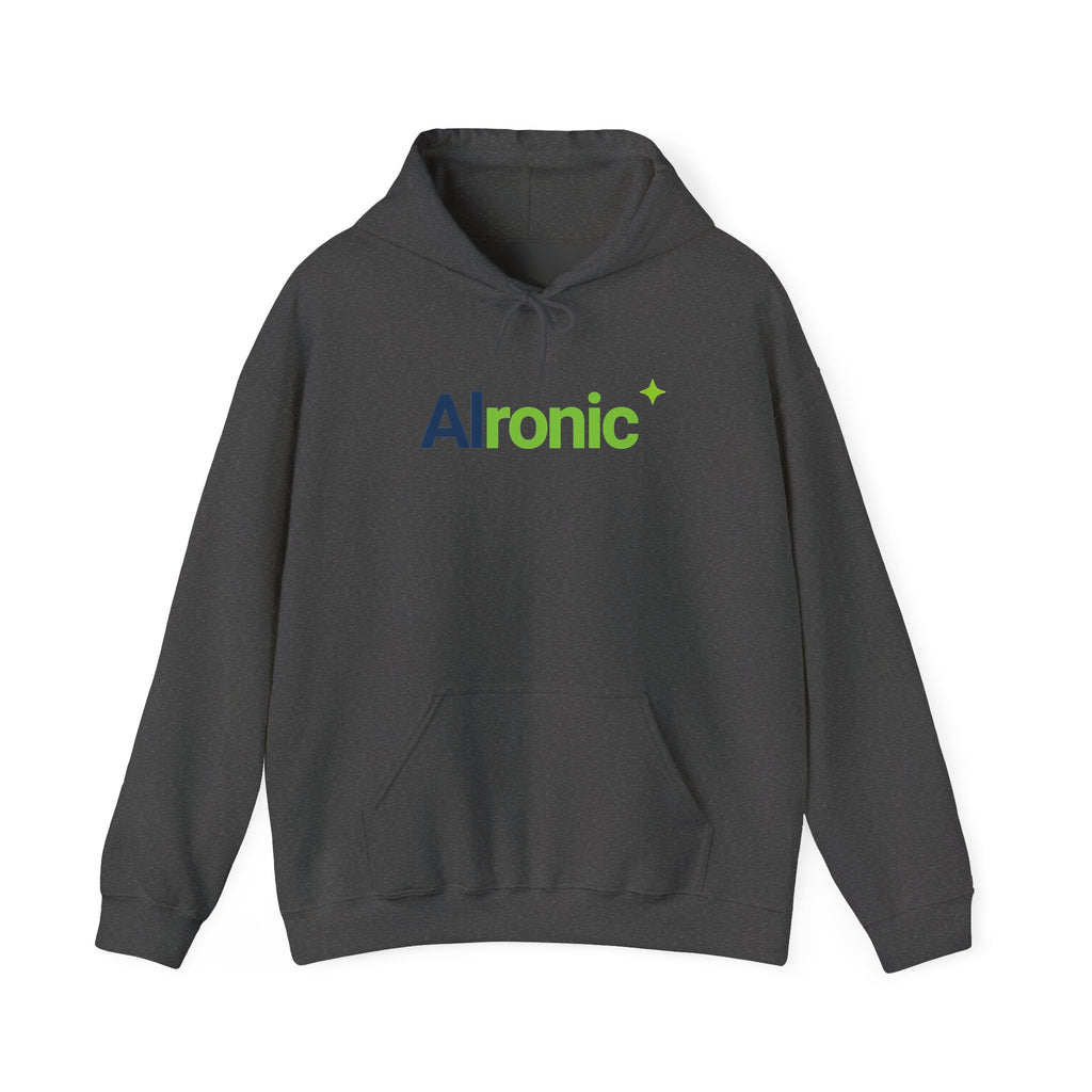 Dark Heather hoodie featuring “AI created this shirt” AI humor design by AIronic, catalog view 1