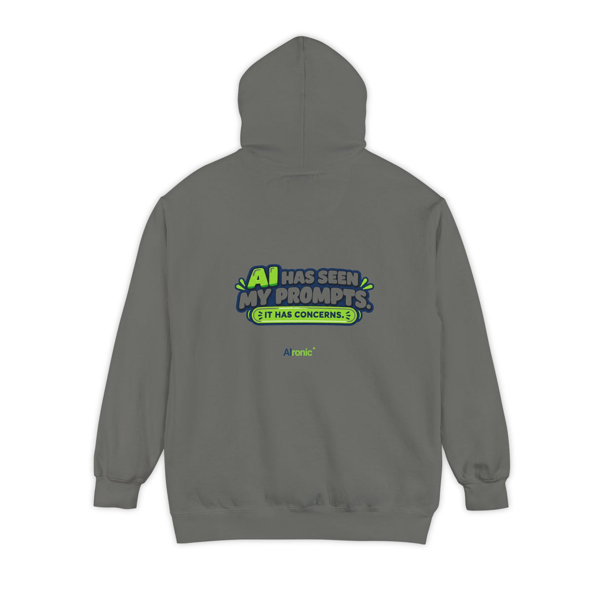 Crimson hoodie featuring “AI has seen my prompts. It has concerns” AI humor design by AIronic, catalog view 2
