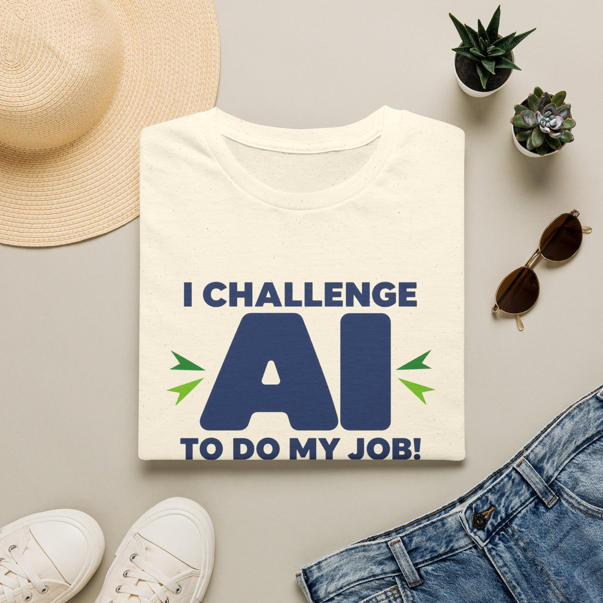 Natural T-shirt featuring "I Challenge AI to Do My Job" by AIronic, product view 5