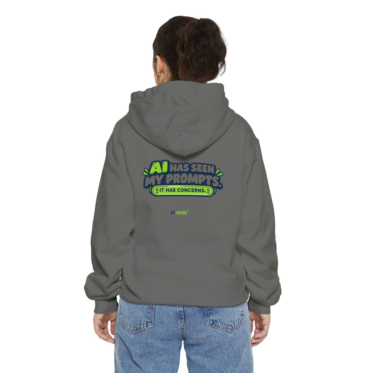 True Navy hoodie featuring “AI has seen my prompts. It has concerns” AI humor design by AIronic, catalog view 2