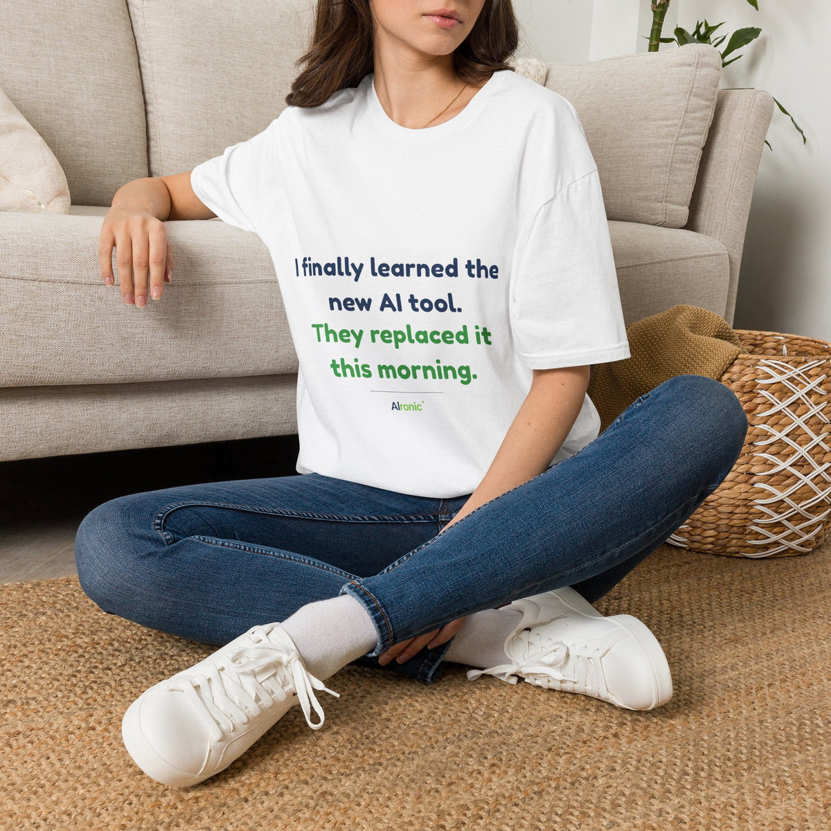 T-Shirt featuring “They Replaced the AI Tool” AI humor design by AIronic, gallery view 2