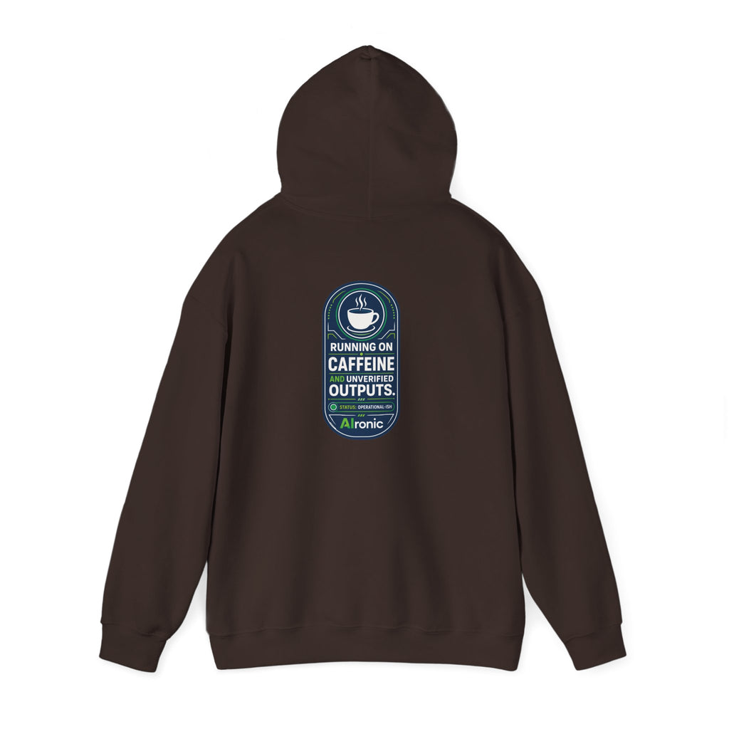 Hoodie featuring “Running on Caffeine, Unrivaled Outputs” AI humor design by AIronic, gallery view 29