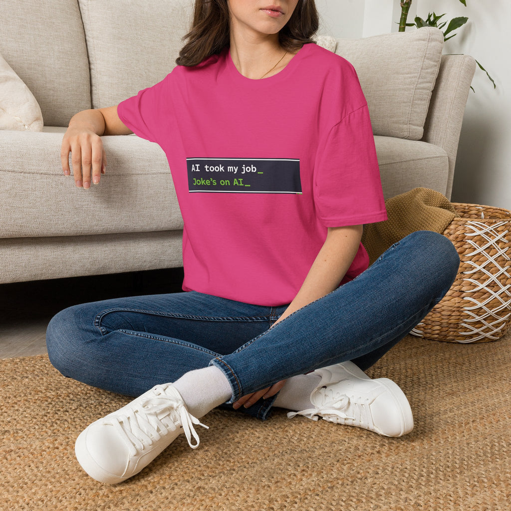 T-Shirt featuring "AI Took My Job - Joke’s on AI" AI humor design by AIronic, gallery view 43