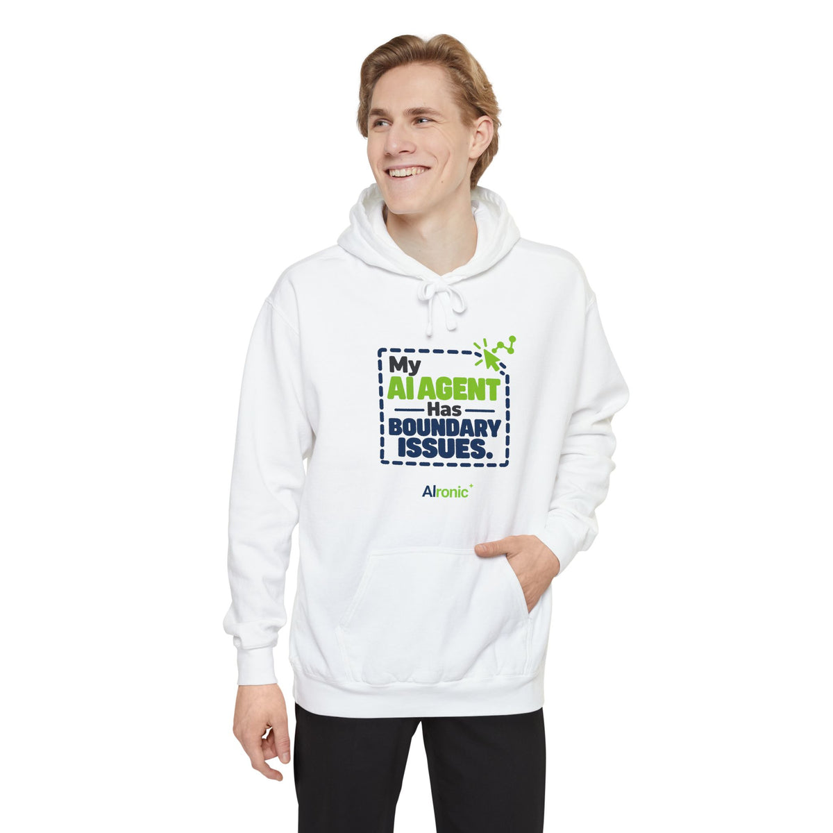 Pepper hoodie featuring “My AI agent has boundary issues” AI humor design by AIronic, catalog view 2