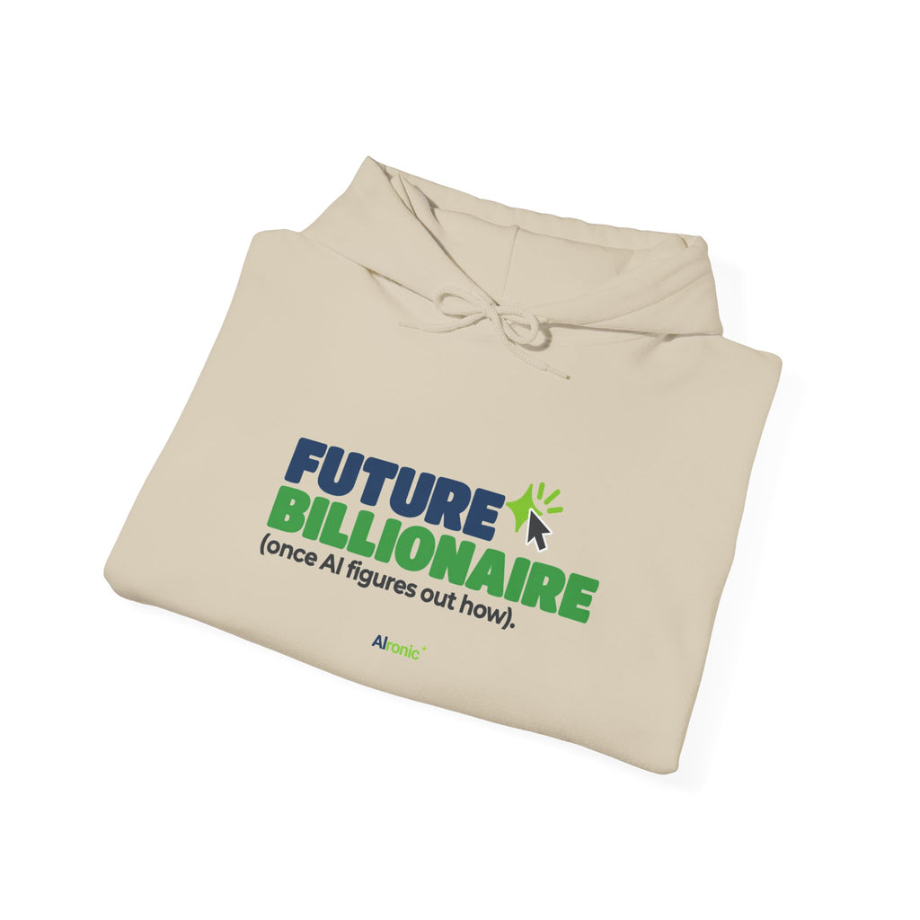 Navy hoodie featuring “Future billionaire, once AI figures out how” AI humor design by AIronic, catalog view 2