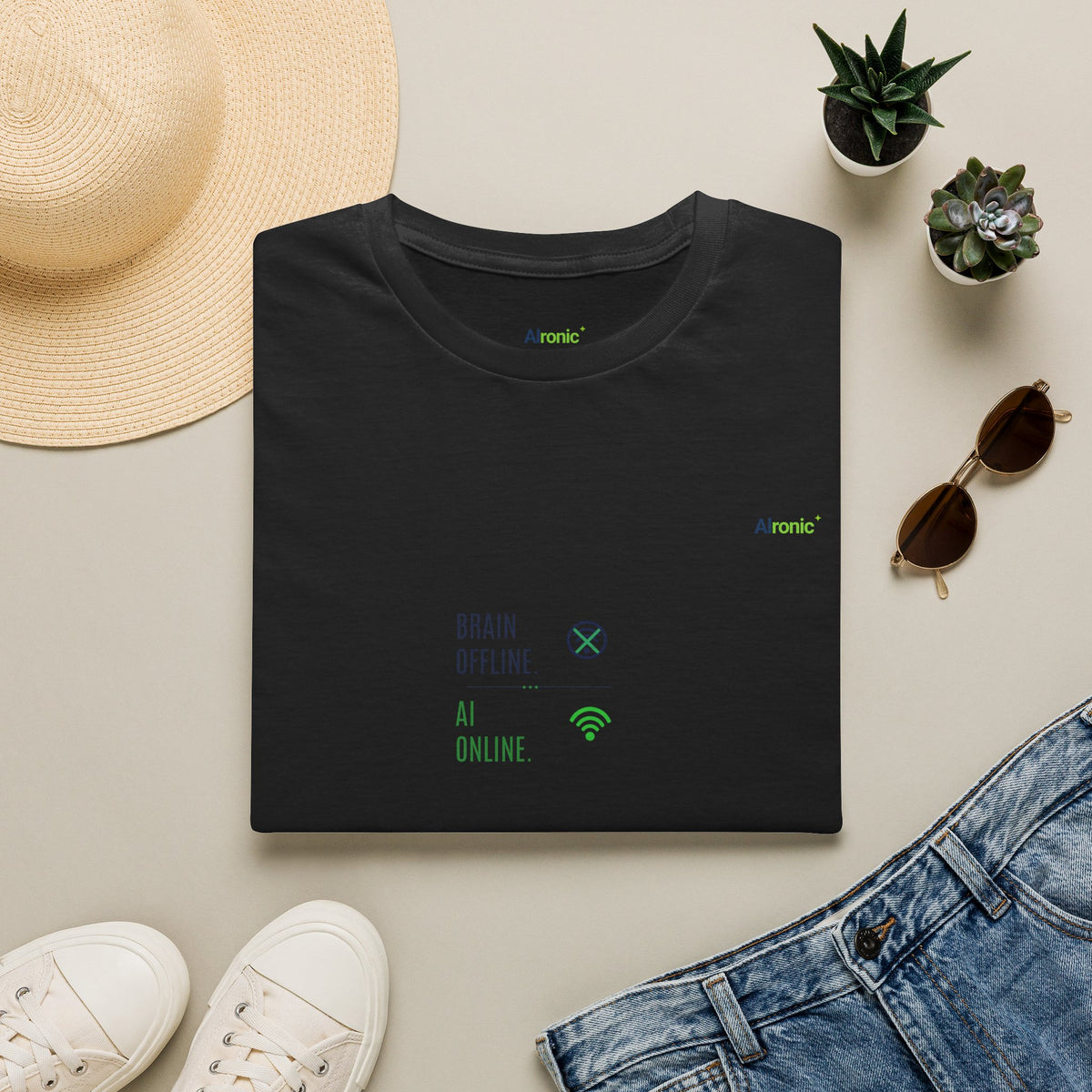Black T-Shirt featuring "Brain Offline, AI Online" AI humor design by AIronic, gallery view 2