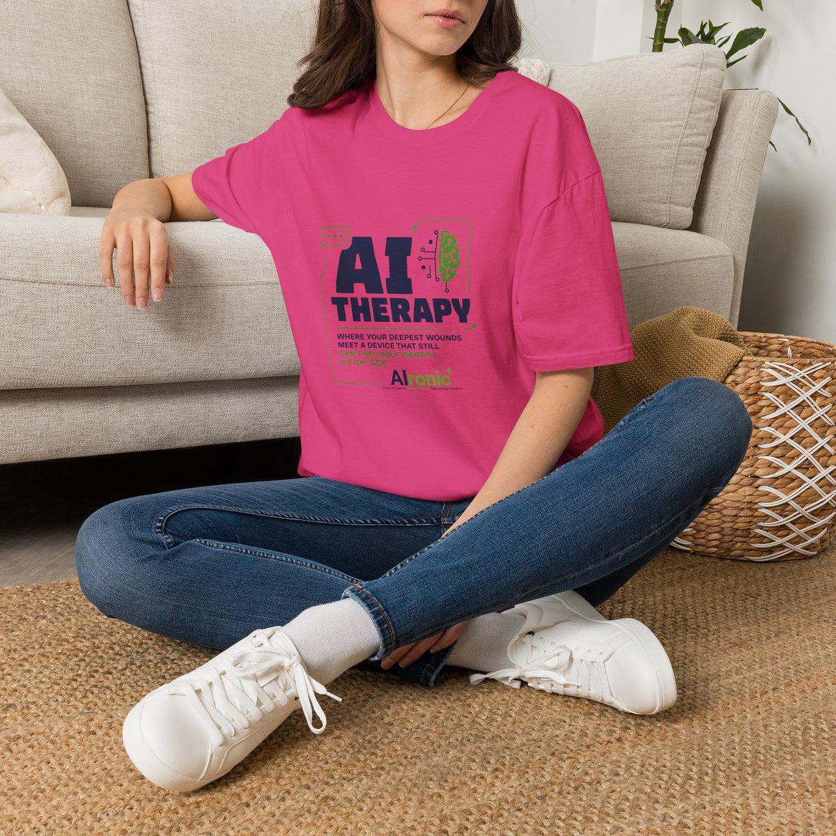 T-Shirt featuring "AI Therapy" AI humor design by AIronic, gallery view 43