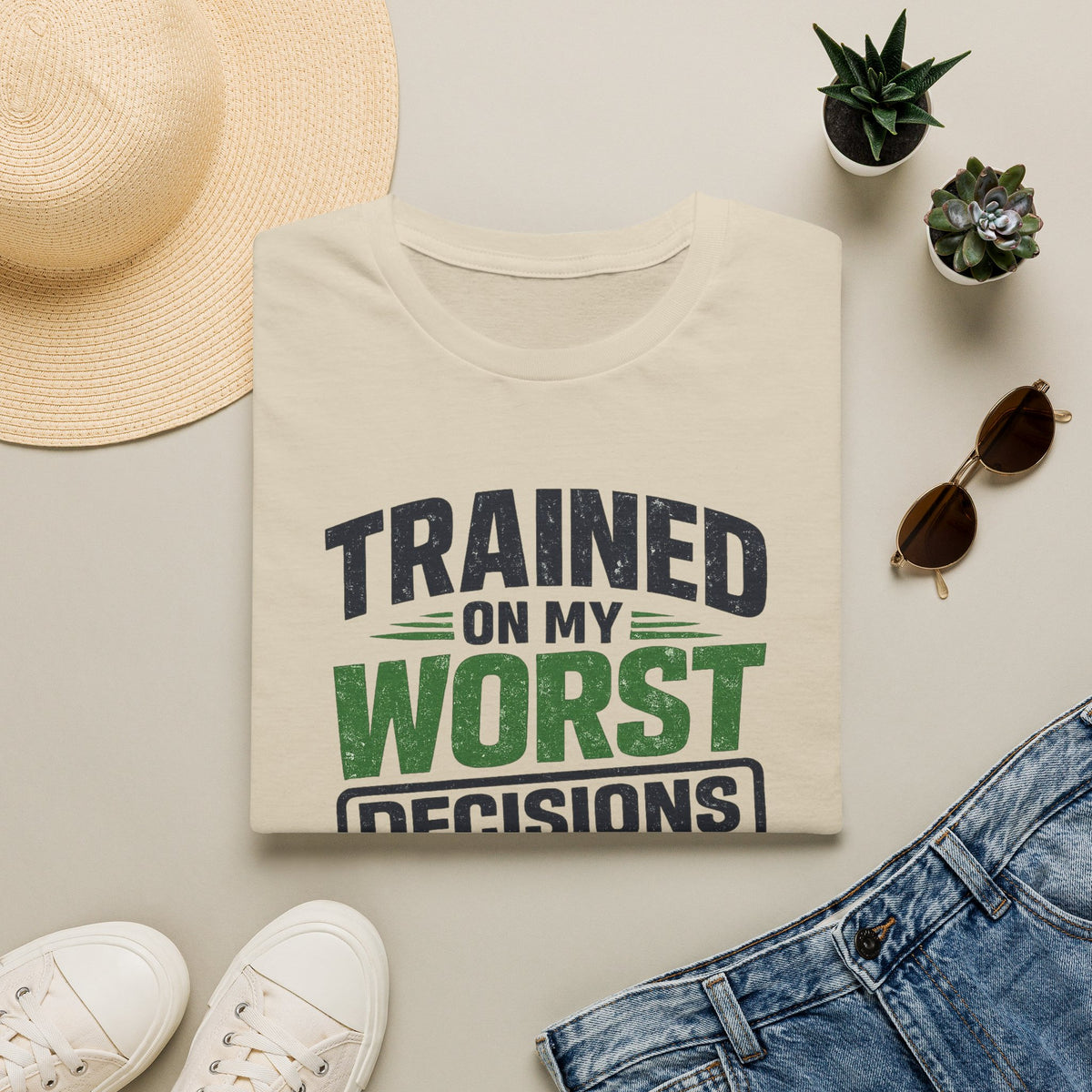 Sand T-Shirt featuring "Trained on My Worst Decisions Fitness" AI humor design by AIronic, gallery view 3