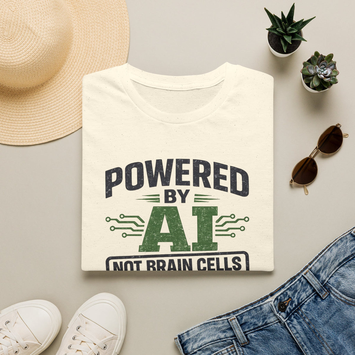 Natural T-Shirt featuring "Powered by AI" AI humor design by AIronic, gallery view 6