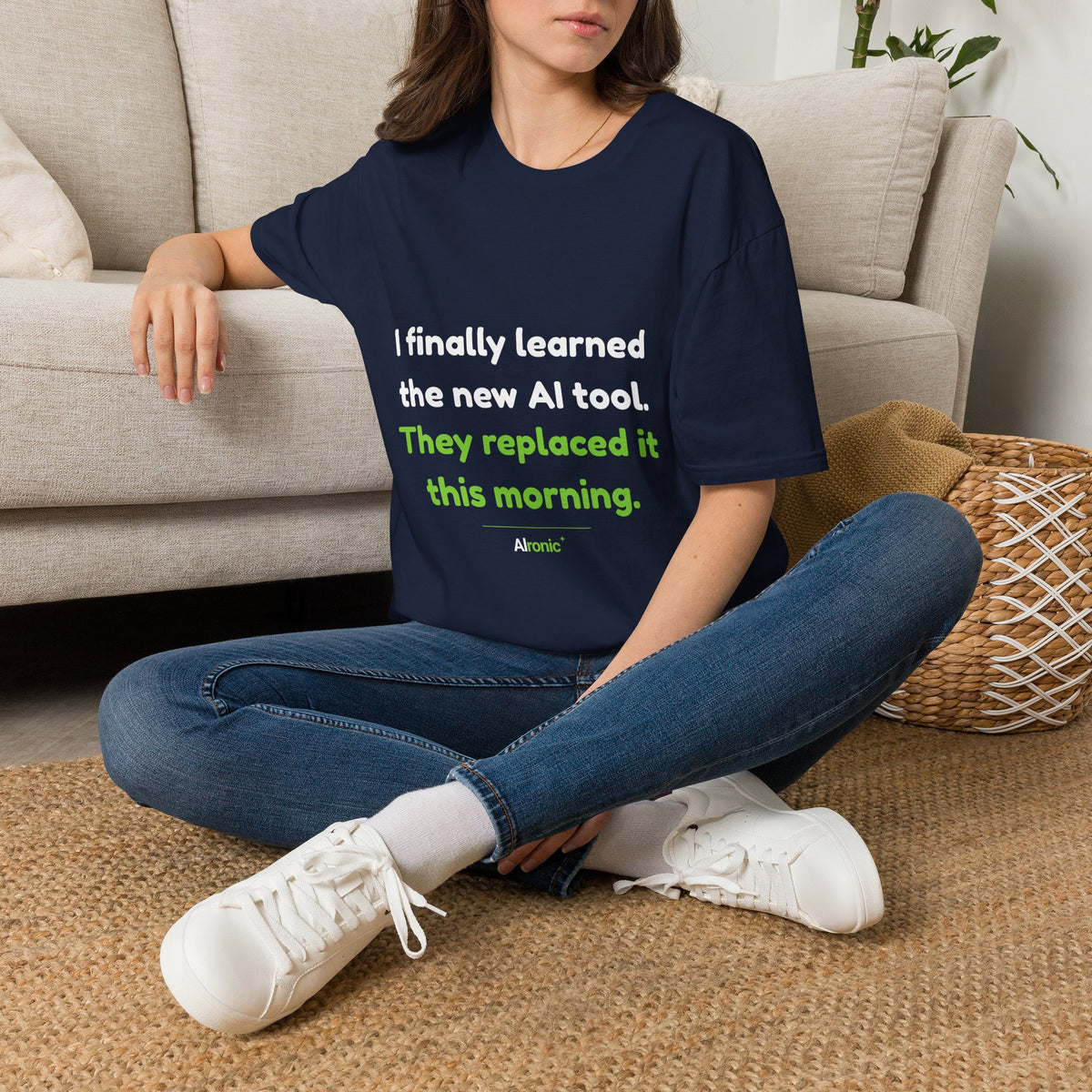 T-Shirt featuring “They Replaced the AI Tool” AI humor design by AIronic, gallery view 12