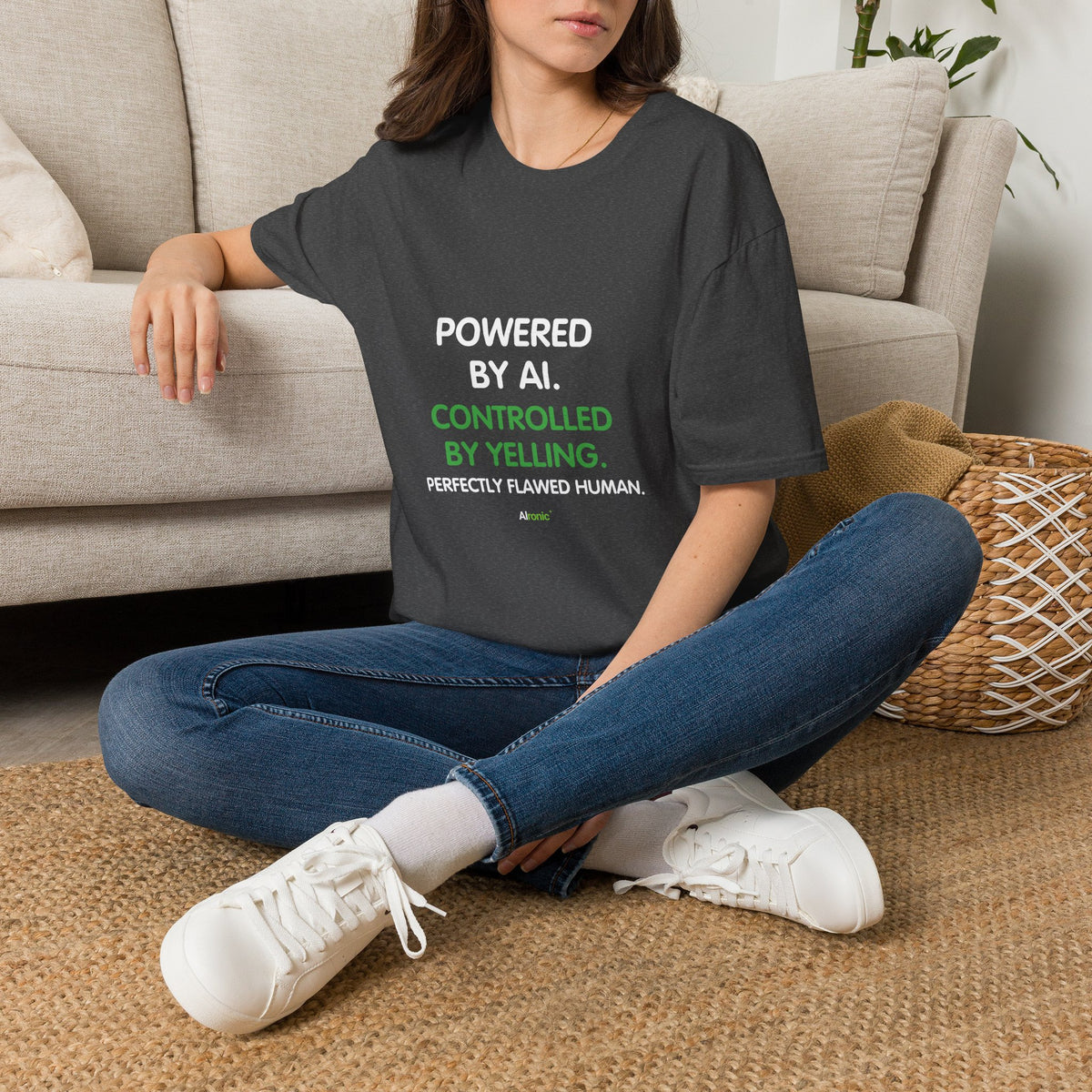 Dark Heather T-Shirt featuring "T-Shirt — "Powered by AI. Controlled by Yelling…" AI humor design by AIronic, gallery view 7