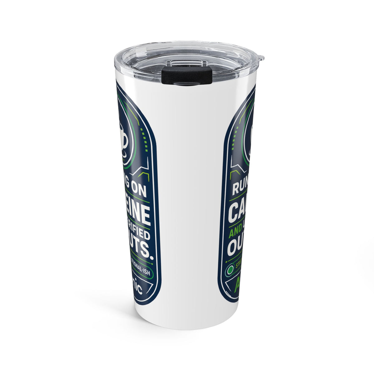 Tumbler featuring "Running on Caffeine and Unverified Outputs" AI humor design by AIronic, gallery view 2