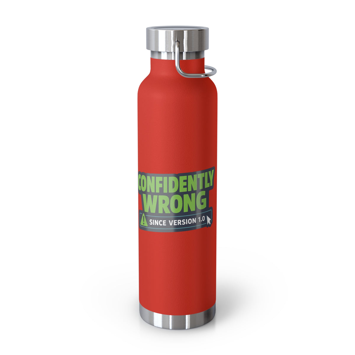Red Water Bottle featuring "Confidently Wrong" AI humor design by AIronic, gallery view 2