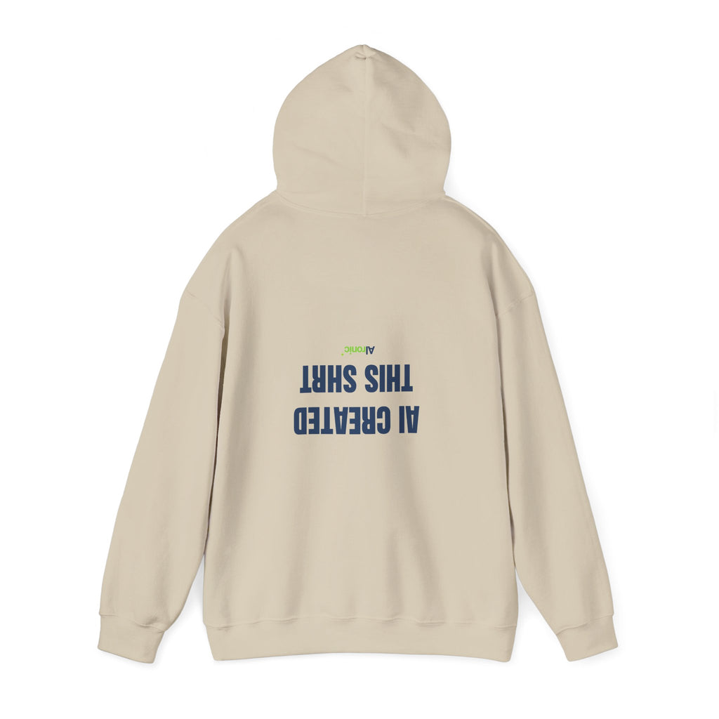 Navy hoodie featuring “AI created this shirt” AI humor design by AIronic, catalog view 2