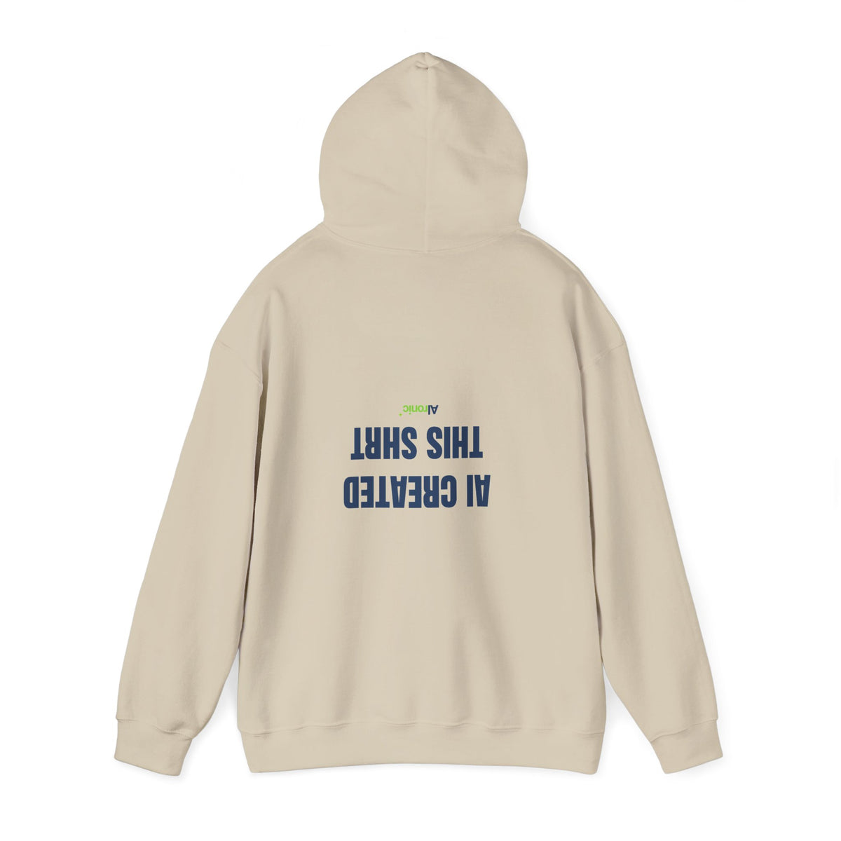 Navy hoodie featuring “AI created this shirt” AI humor design by AIronic, catalog view 2
