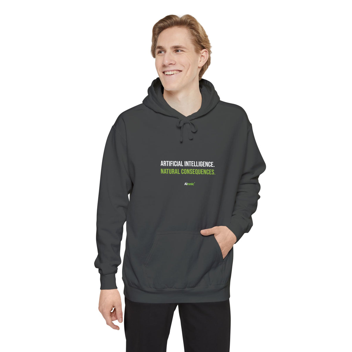 Crimson hoodie featuring “Artificial intelligence. Natural consequences.” AI humor design by AIronic, catalog view 2