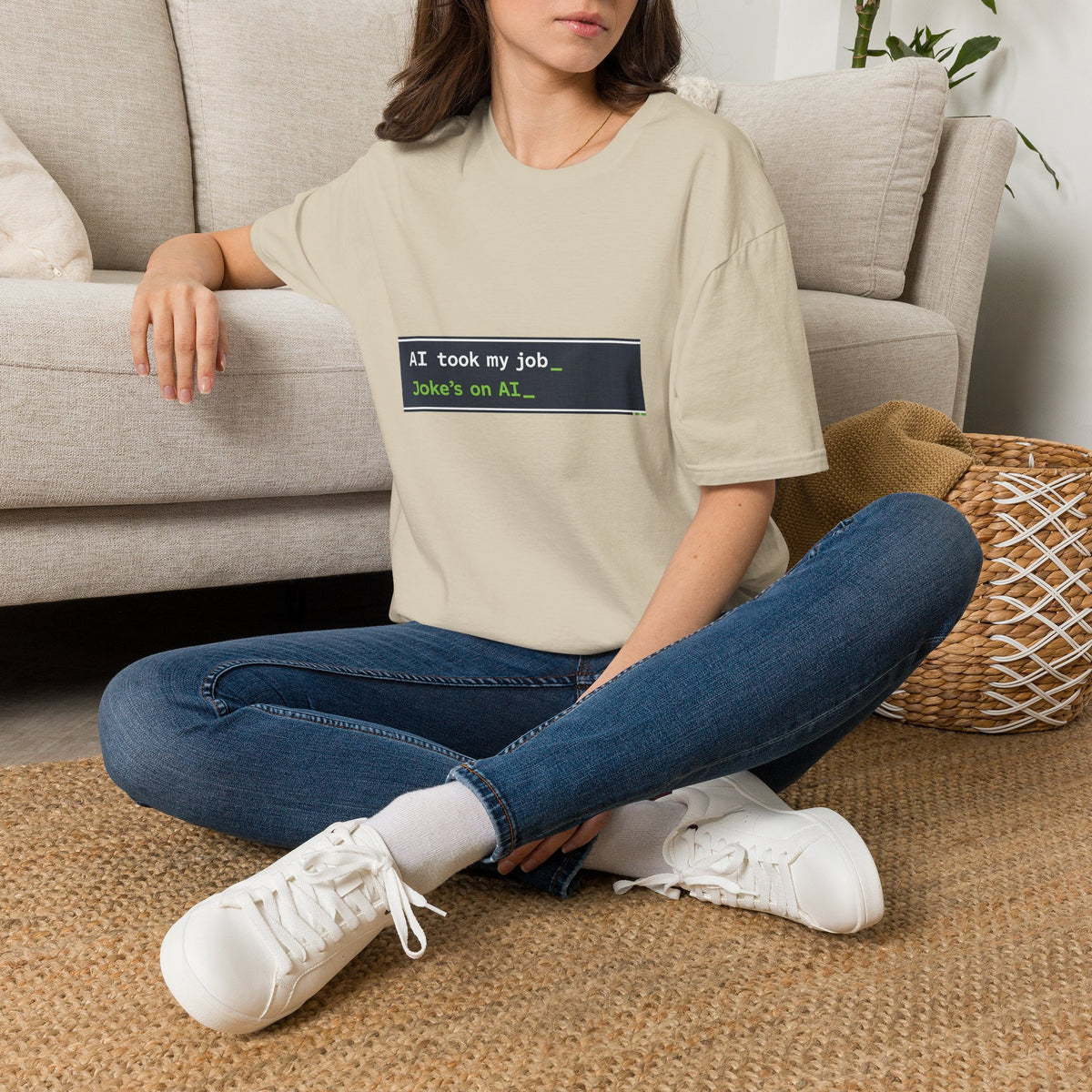T-Shirt featuring "AI Took My Job - Joke’s on AI" AI humor design by AIronic, gallery view 19