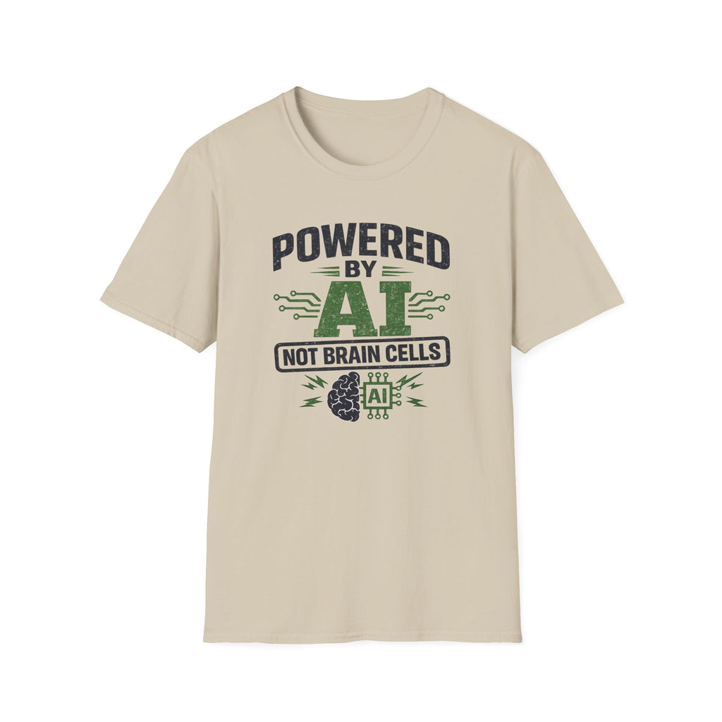 T-Shirt featuring "Powered by AI" AI humor design by AIronic, gallery view 20