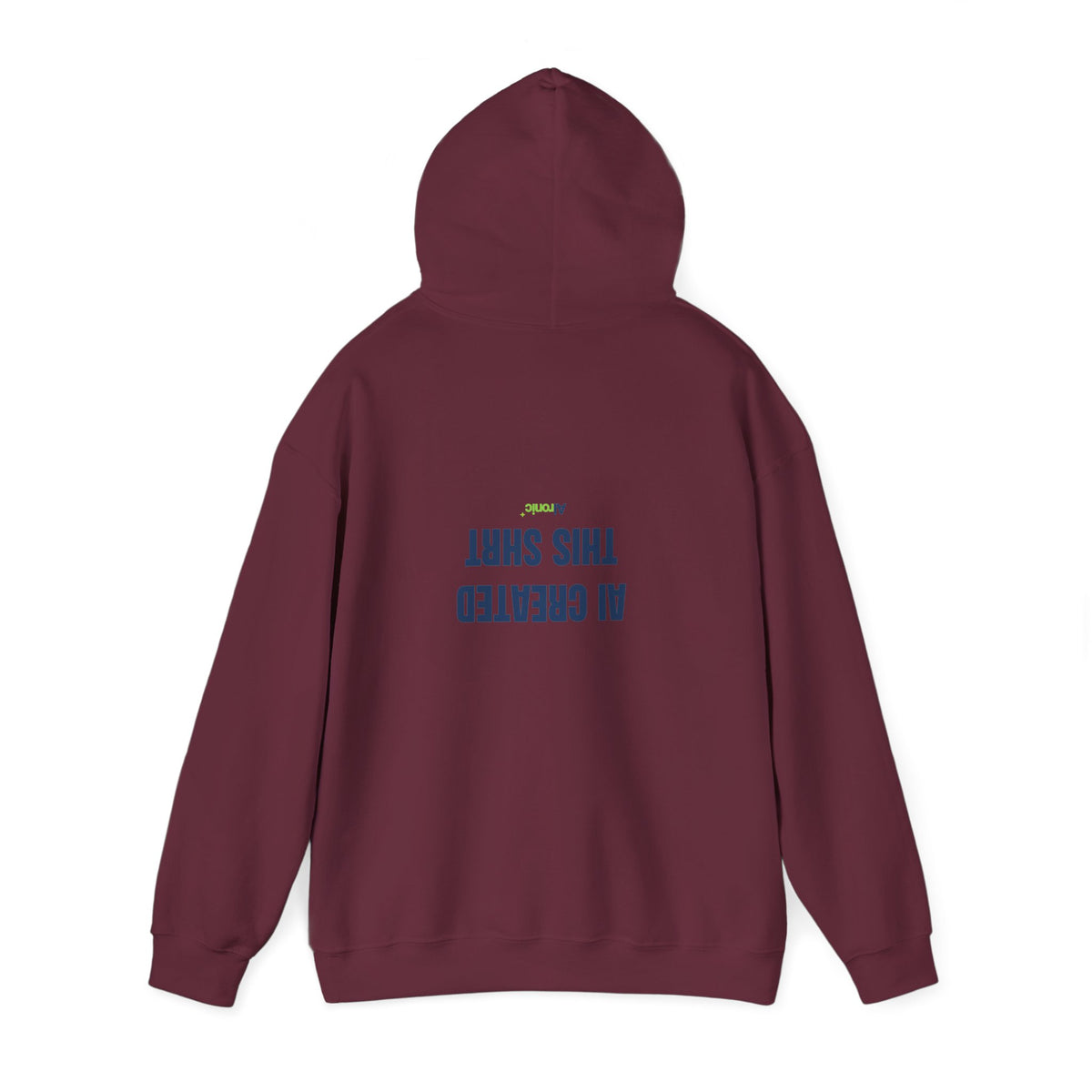 Black hoodie featuring minimal “AI created this shirt” AI humor design by AIronic, catalog view 3
