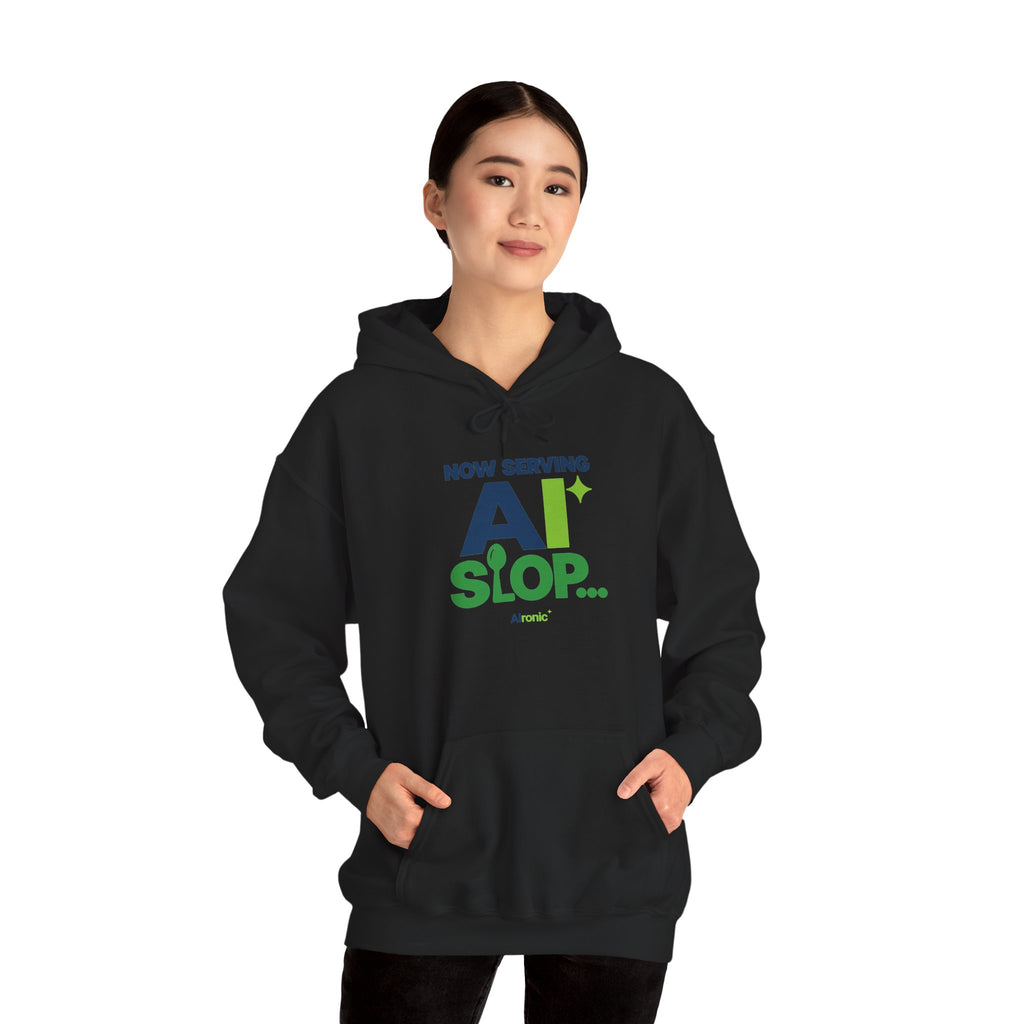 AIronic hoodie featuring "Now Serving AI Slop" AI humor design, gallery view 18