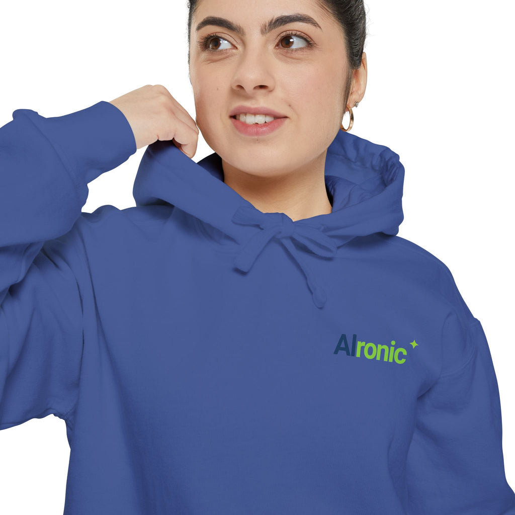 White hoodie featuring “I asked AI. AI asked why” AI humor design by AIronic, catalog view 4