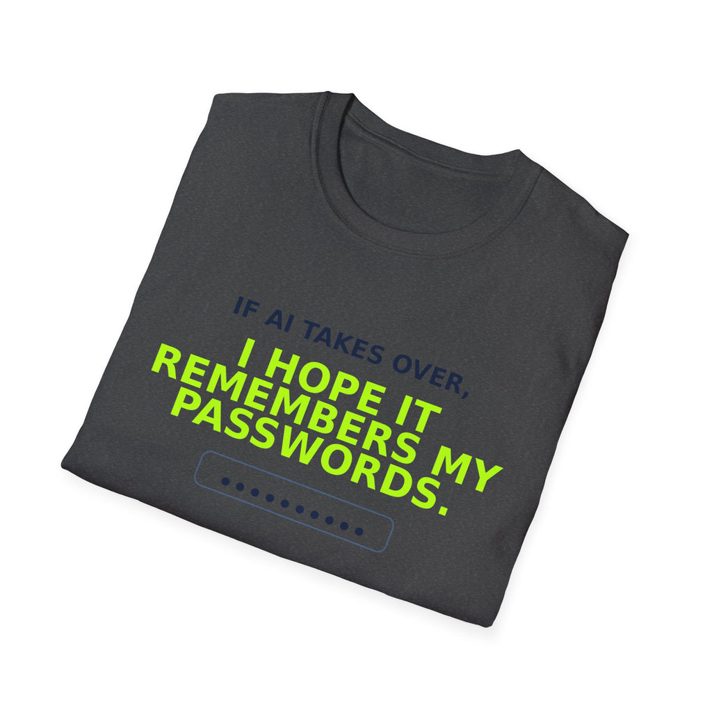 Folded Dark Heather T-shirt showing "I hope AI remembers my passwords" AI humor design by AIronic