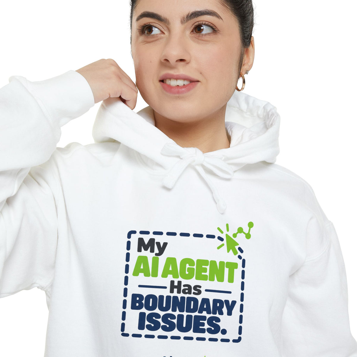 White hoodie featuring “My AI agent has boundary issues” AI humor design by AIronic, catalog view 2