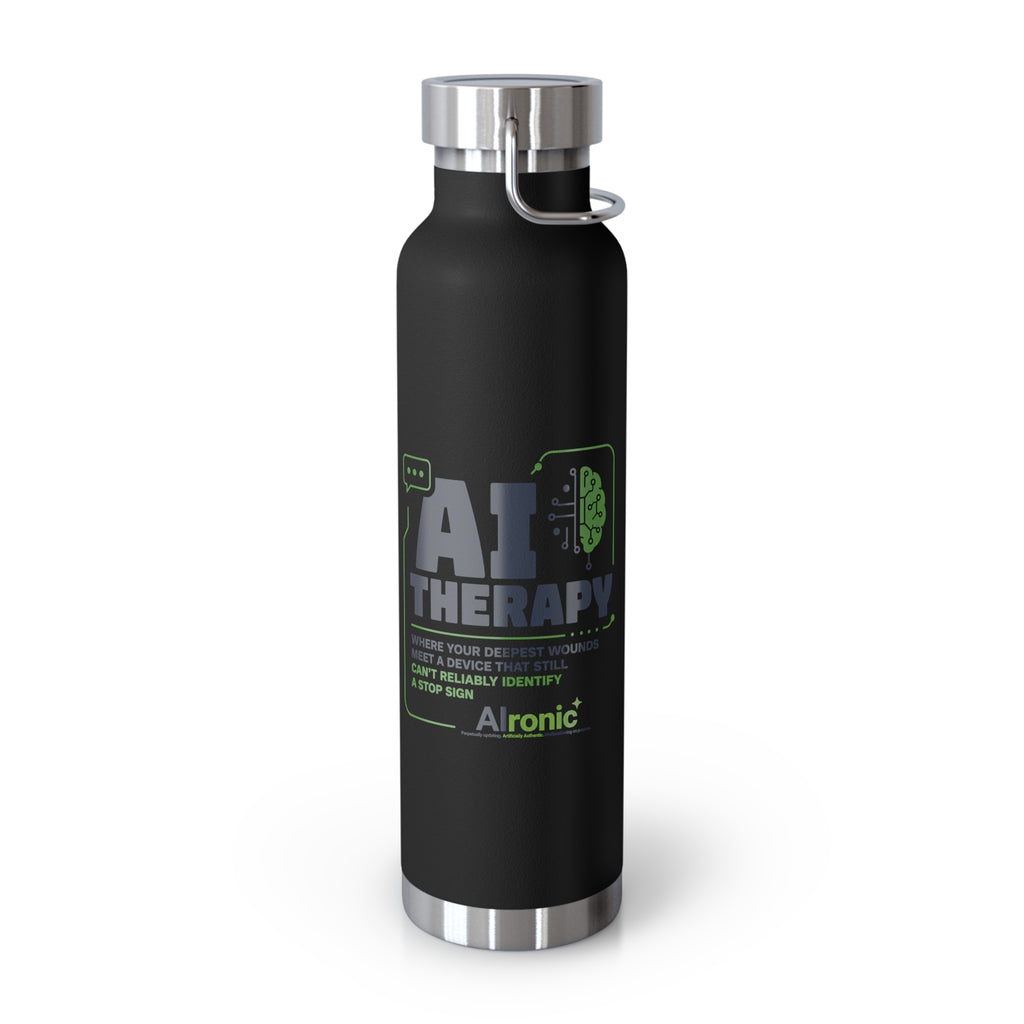 Black Water Bottle featuring "AI Therapy" AI humor design by AIronic, gallery view 4