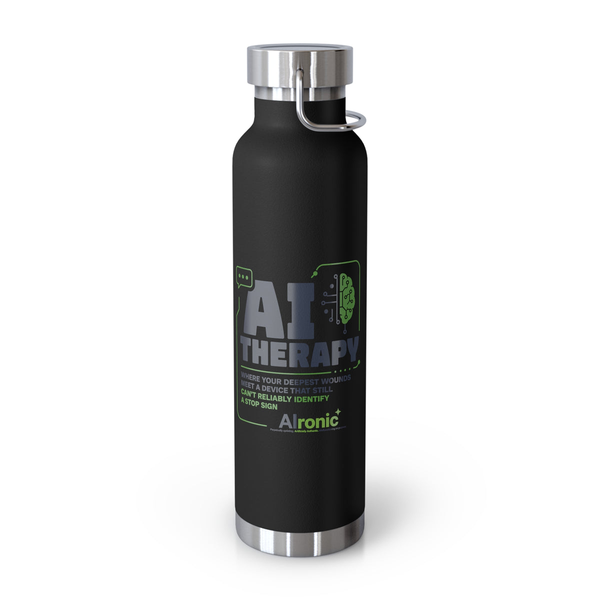 Black Water Bottle featuring "AI Therapy" AI humor design by AIronic, gallery view 4