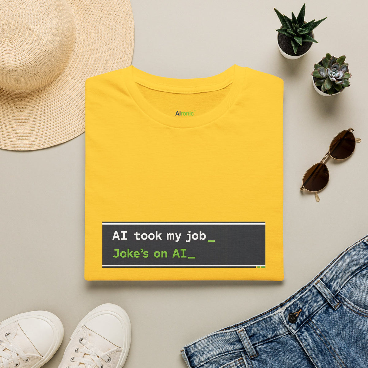 Daisy T-Shirt featuring "AI Took My Job - Joke’s on AI" AI humor design by AIronic, gallery view 7