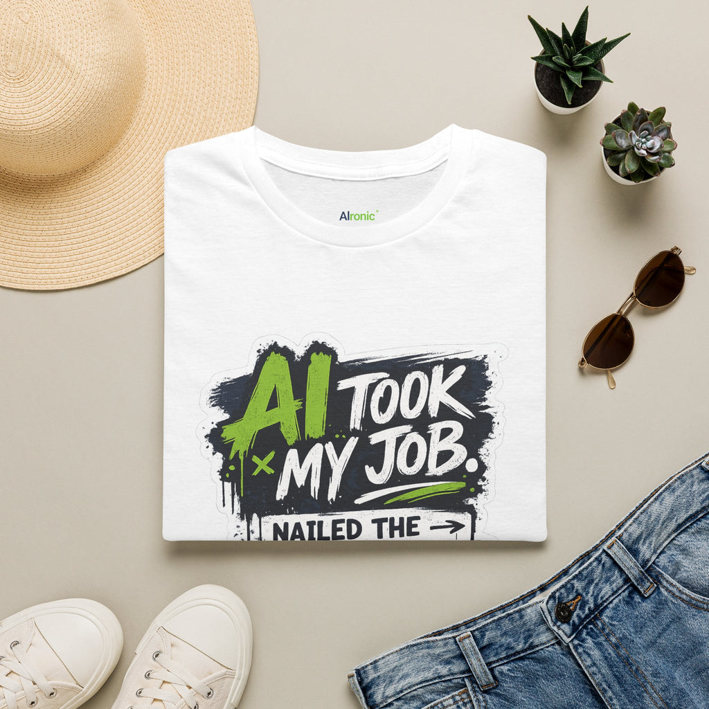 T-Shirt featuring "AI Took My Job - Nailed Exit Interview" AI humor design by AIronic, gallery view 13