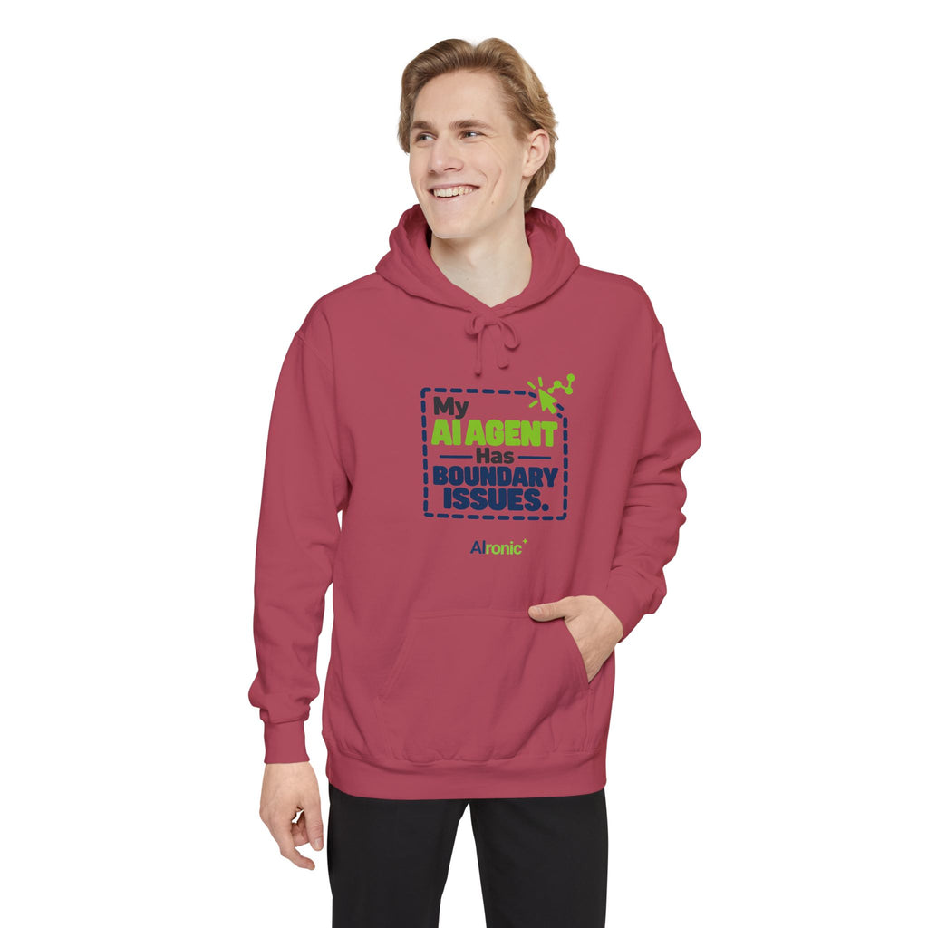Denim hoodie featuring “My AI agent has boundary issues” AI humor design by AIronic, catalog view 5