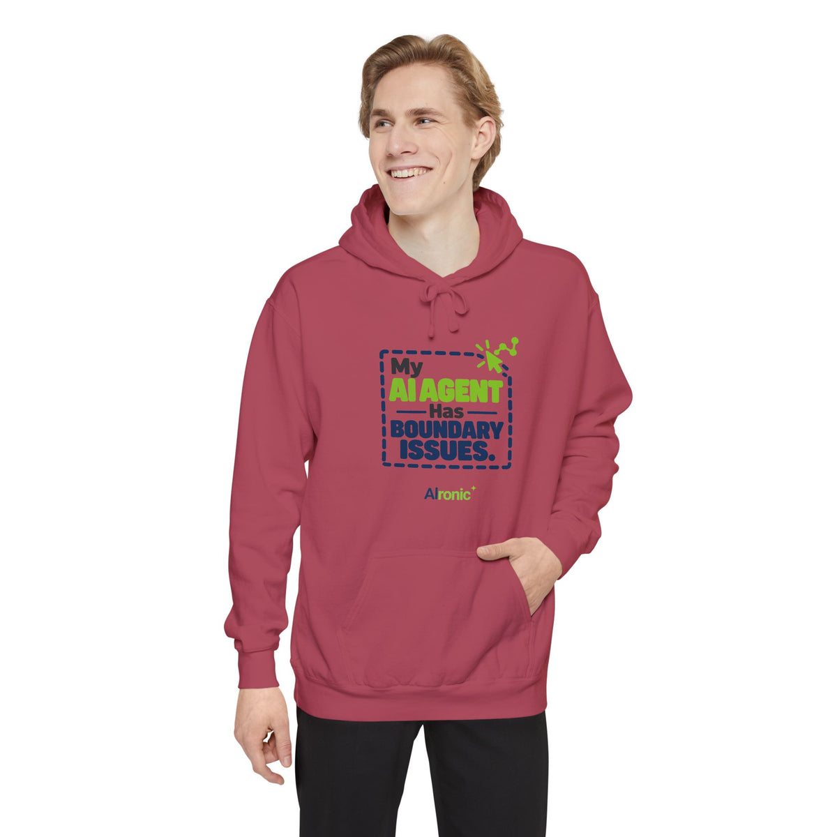 Denim hoodie featuring “My AI agent has boundary issues” AI humor design by AIronic, catalog view 5