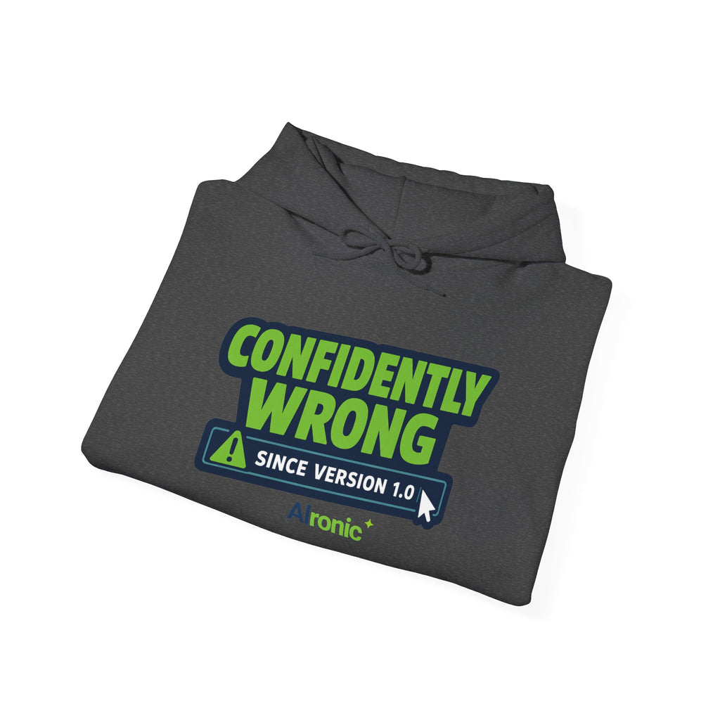 Hoodie featuring “Confidently Wrong Since Version 1.0” AI humor design by AIronic, gallery view 33