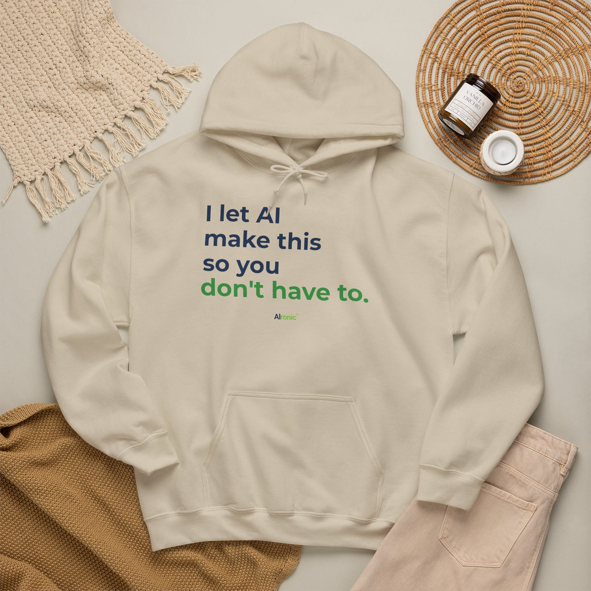 Hoodie featuring "I Let AI Make This" AI humor design by AIronic, gallery view 19