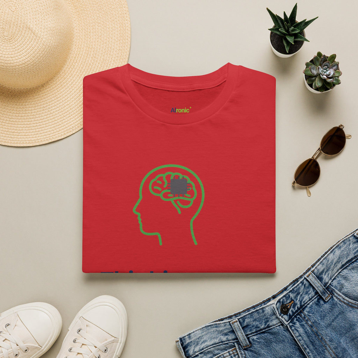 Red T-Shirt featuring "Thinking Subscription" AI humor design by AIronic, gallery view 9