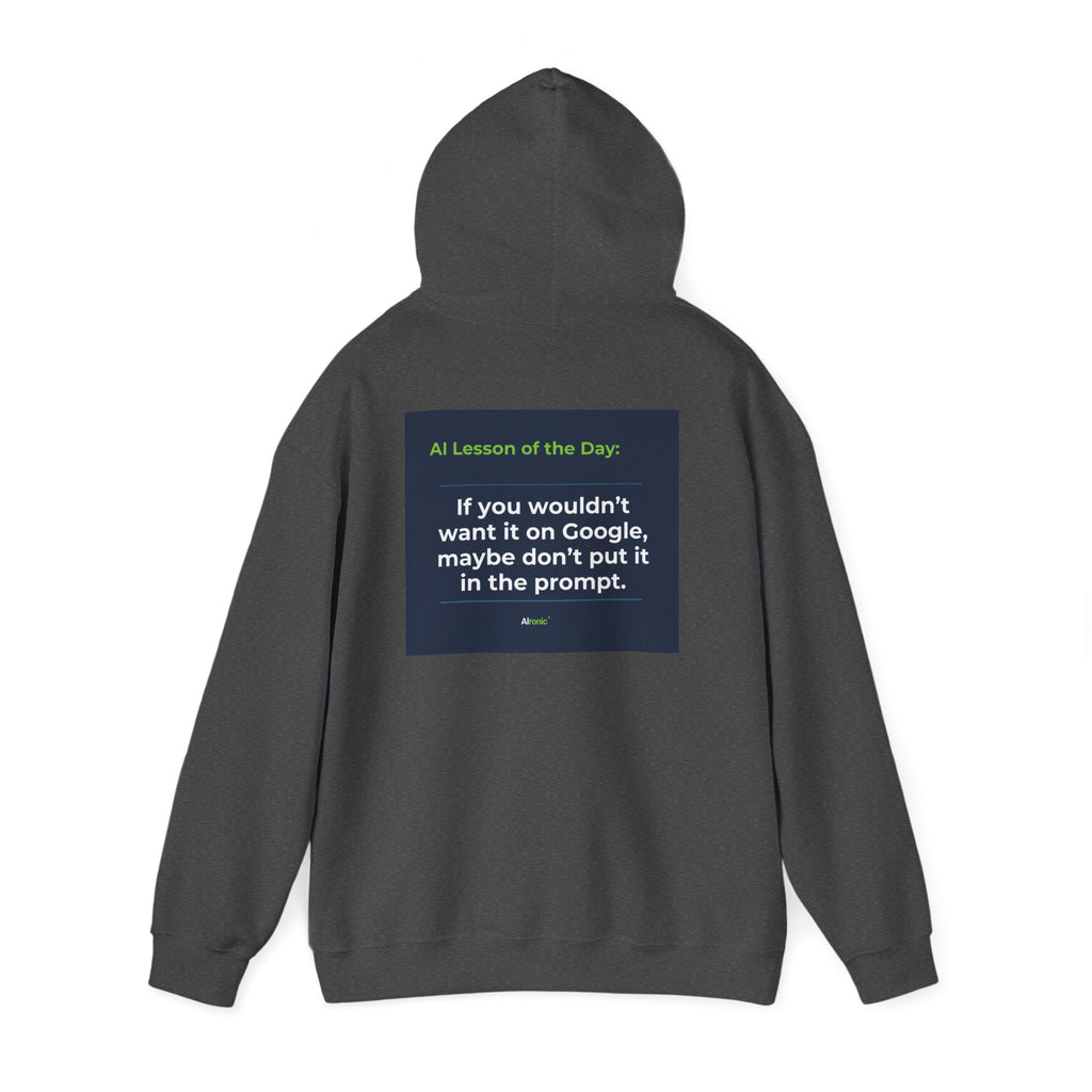 Hoodie featuring "Google Prompt Privacy" AI humor design by AIronic, gallery view 28