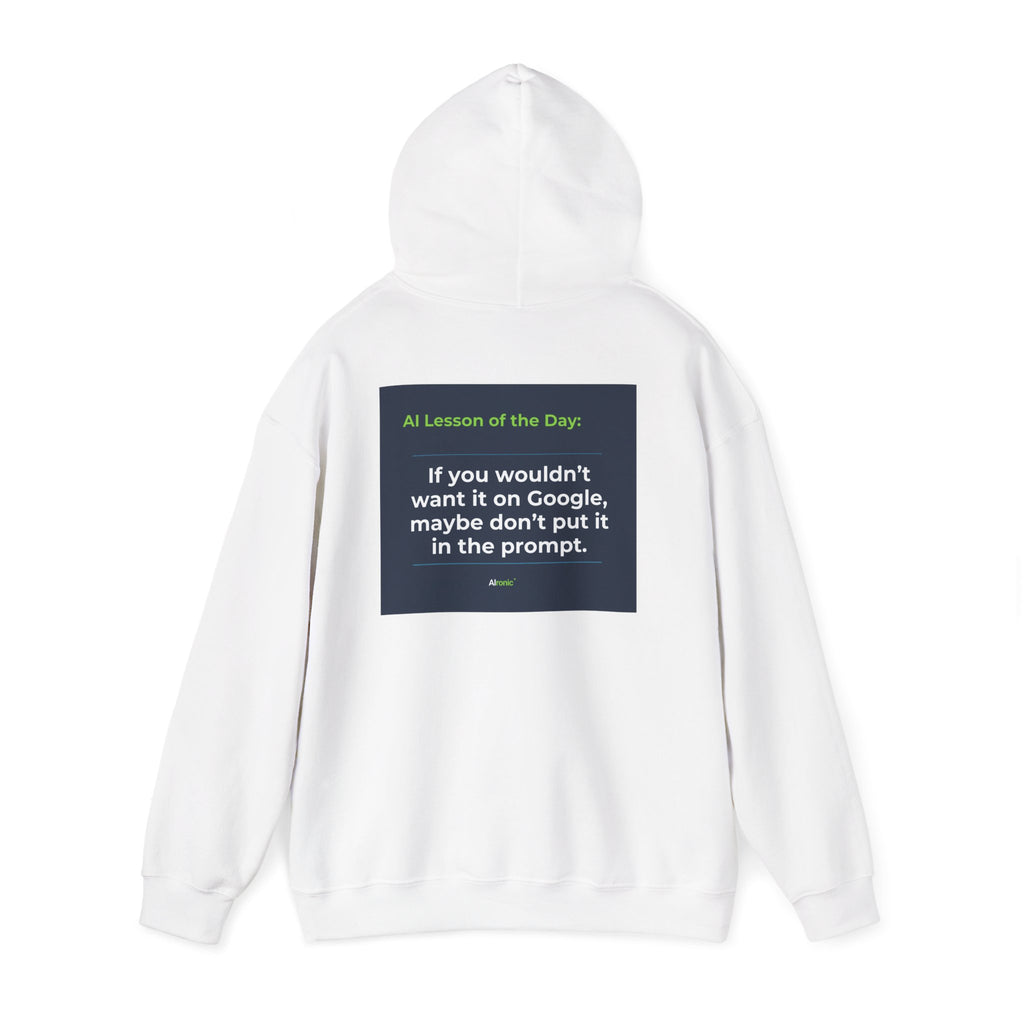 Hoodie featuring "Google Prompt Privacy" AI humor design by AIronic, gallery view 13