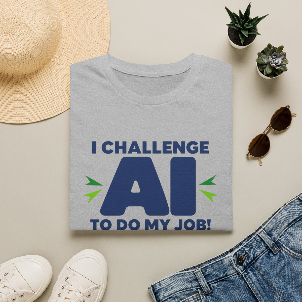 Sport Grey T-shirt featuring "I Challenge AI to Do My Job" by AIronic, product view 3