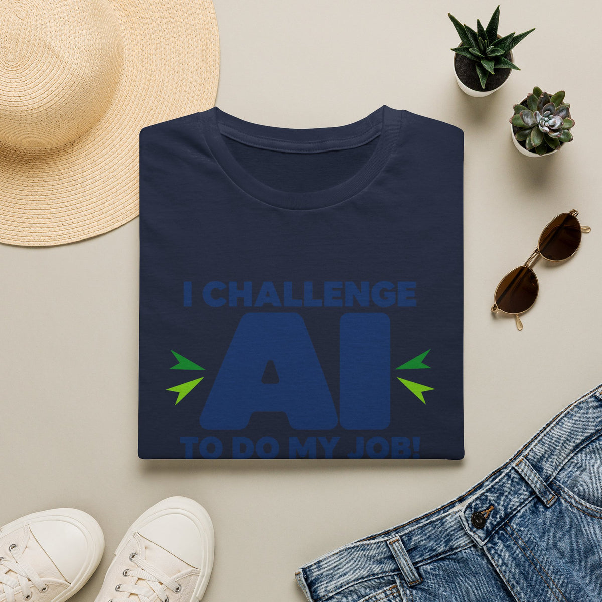 Navy T-shirt featuring "I Challenge AI to Do My Job" by AIronic, product view 10