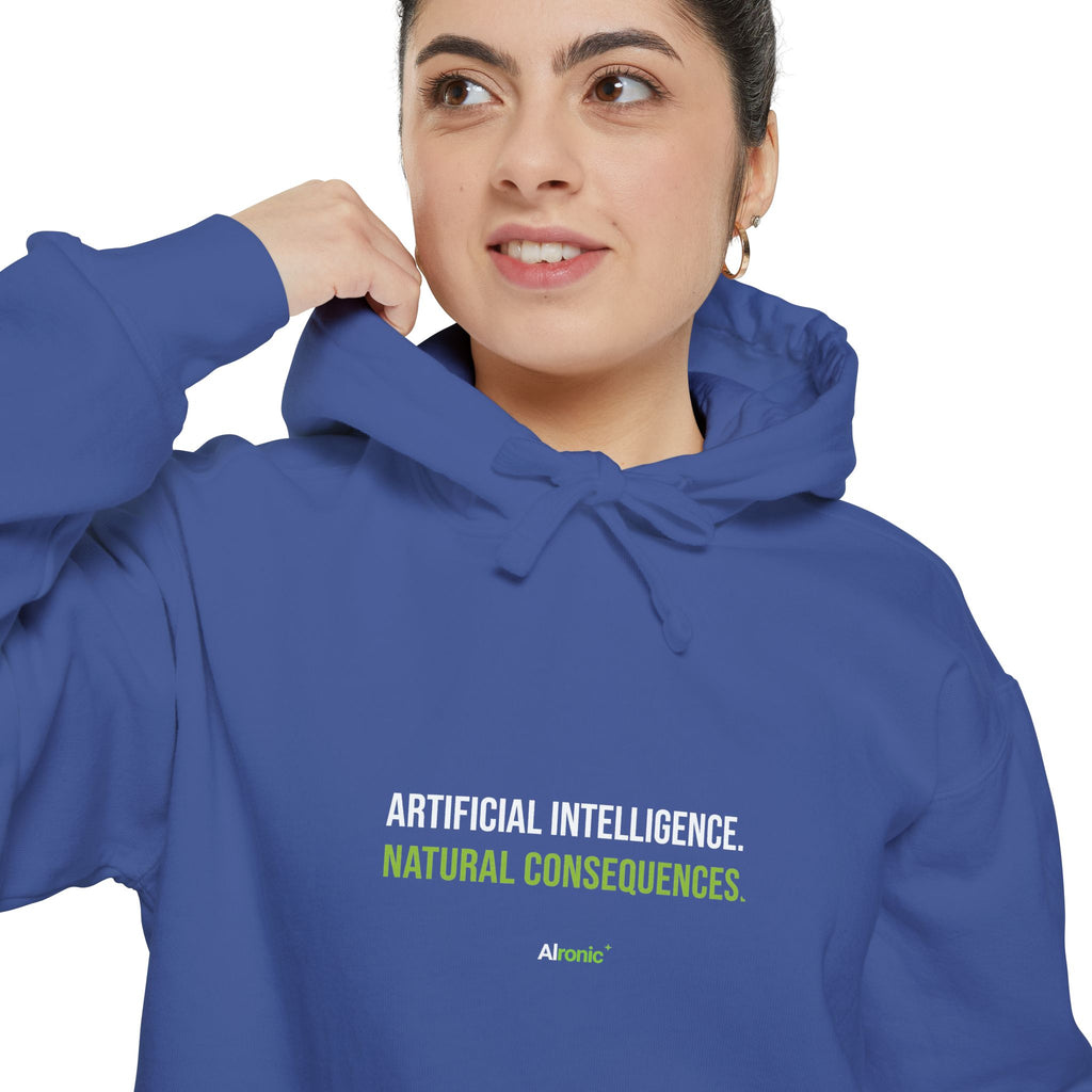 Seafoam hoodie featuring “Artificial intelligence. Natural consequences.” AI humor design by AIronic, catalog view 4