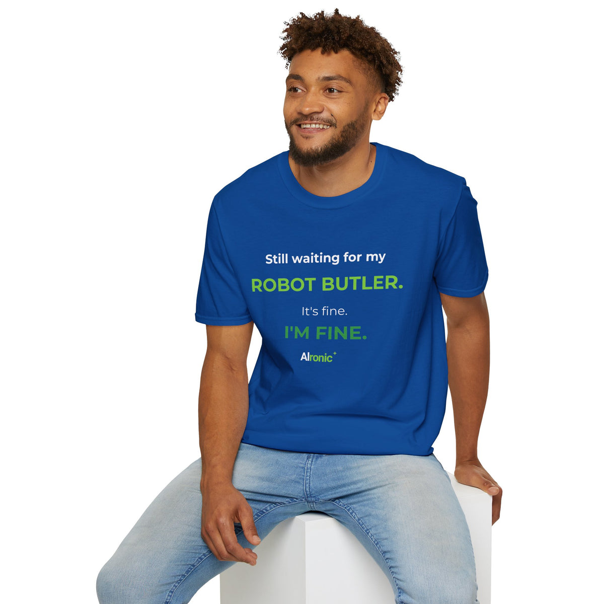 Black T-shirt featuring “Still waiting for my robot butler” AI humor design by AIronic, catalog view 5