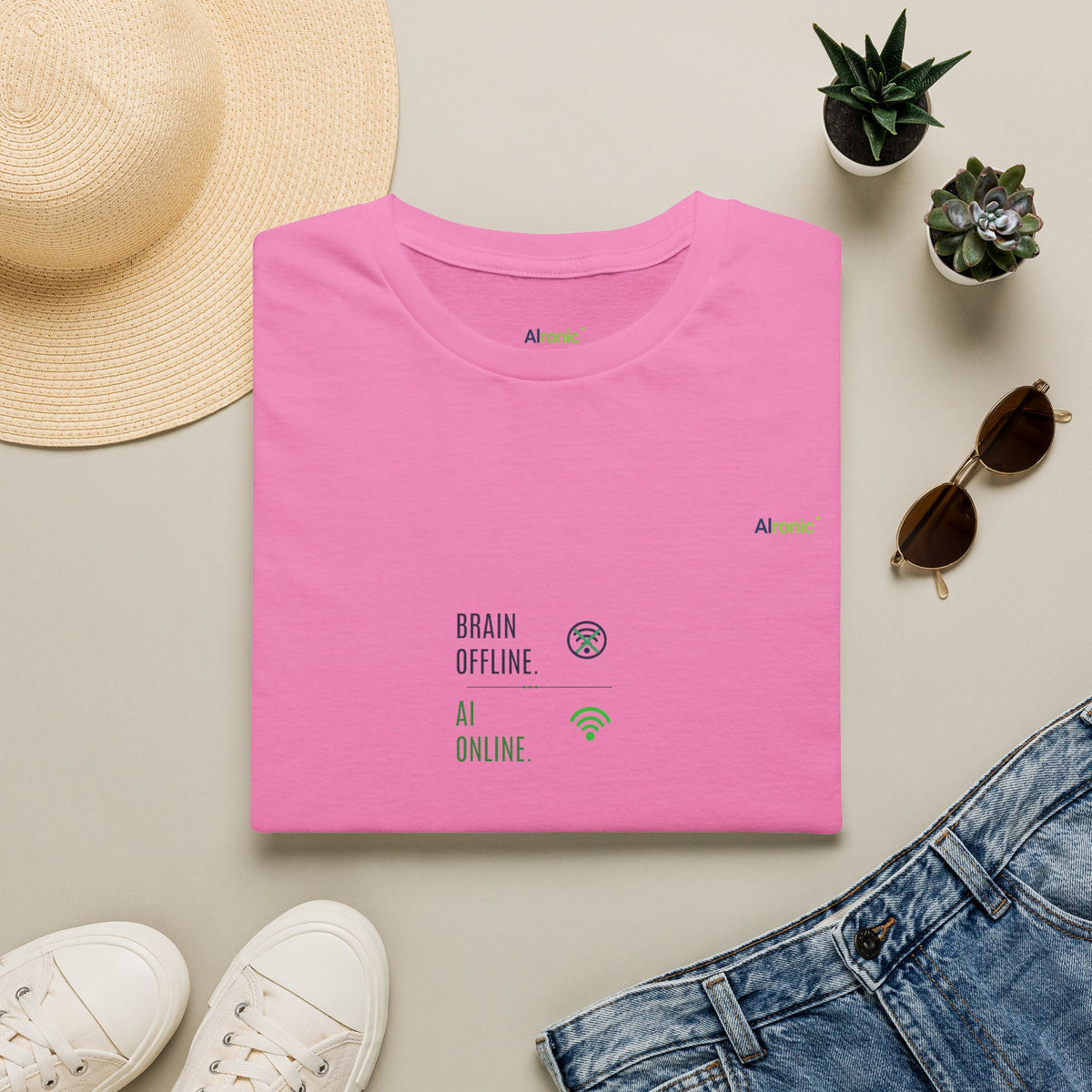 Azalea T-Shirt featuring "Brain Offline, AI Online" AI humor design by AIronic, gallery view 10