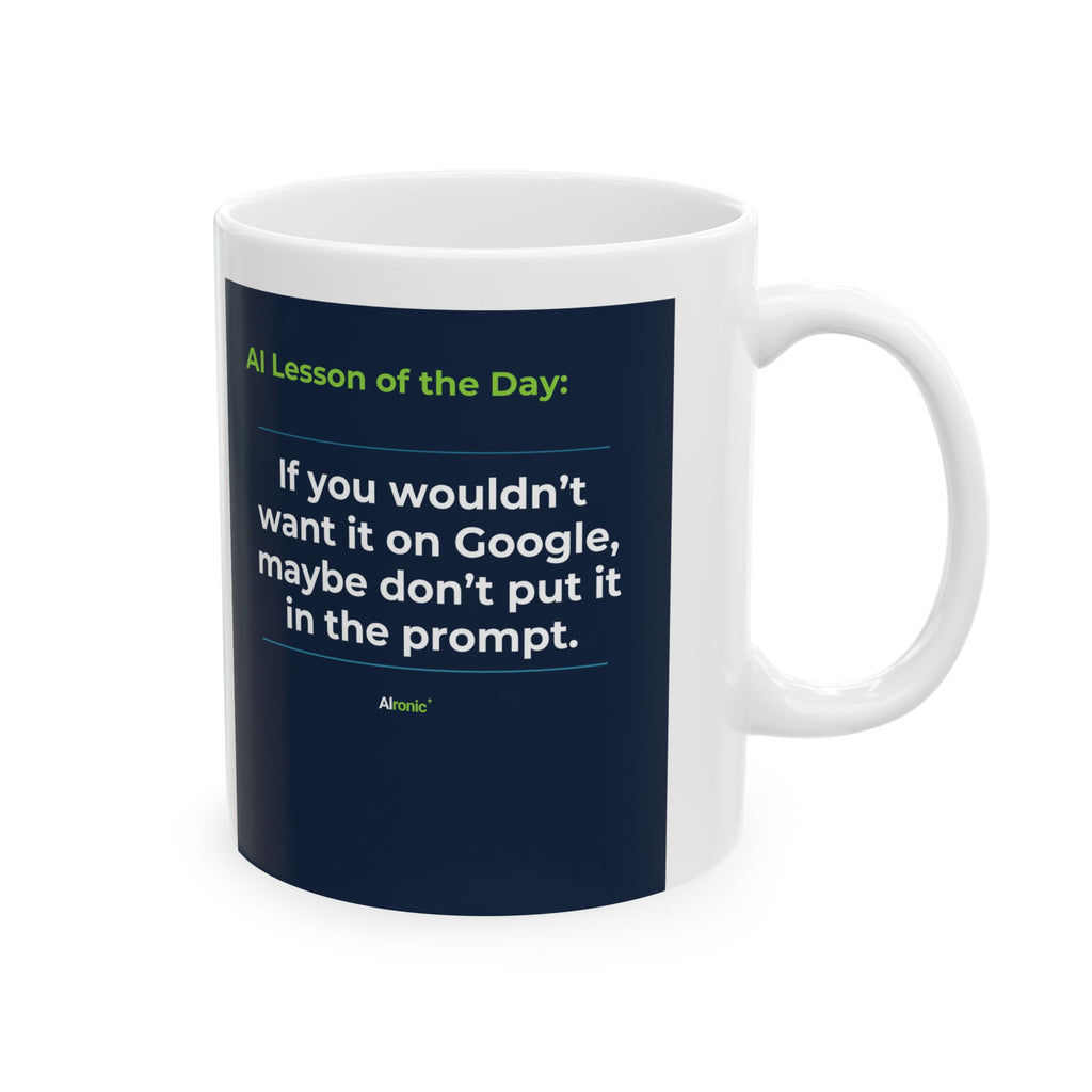 Mug featuring "We Don't Talk Privacy" AI humor design by AIronic, gallery view 5