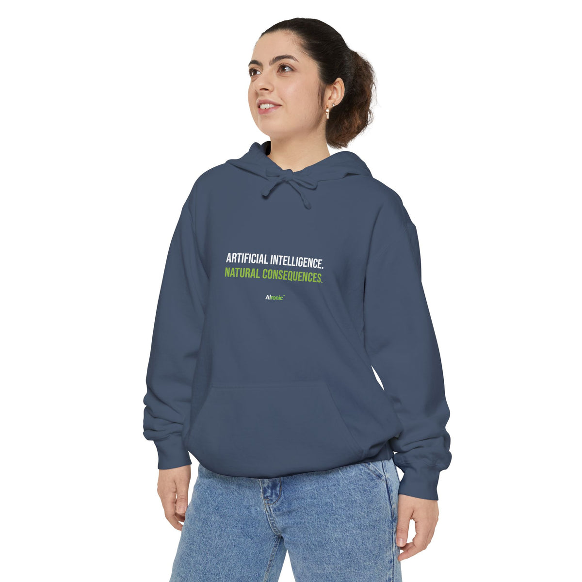 Crimson hoodie featuring “Artificial intelligence. Natural consequences.” AI humor design by AIronic, catalog view 4