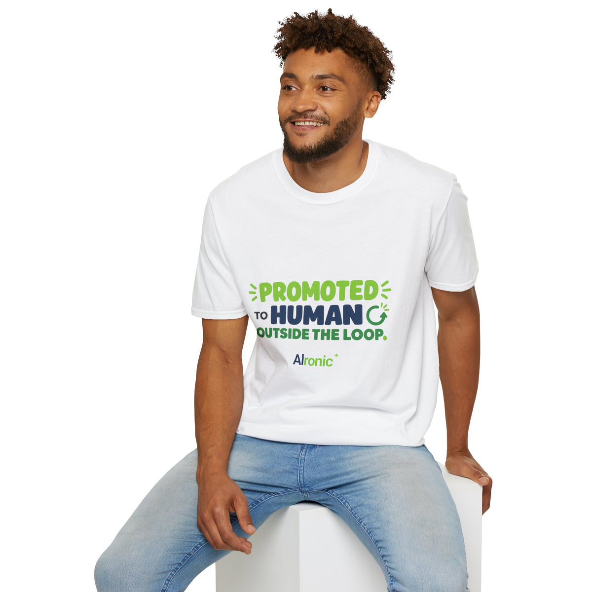 AIronic T-shirt featuring “Promoted to Human Outside the Loop” AI humor design, gallery view 14