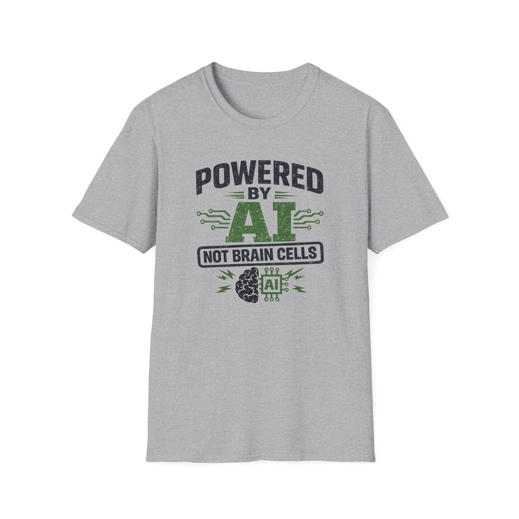 T-Shirt featuring "Powered by AI" AI humor design by AIronic, gallery view 23