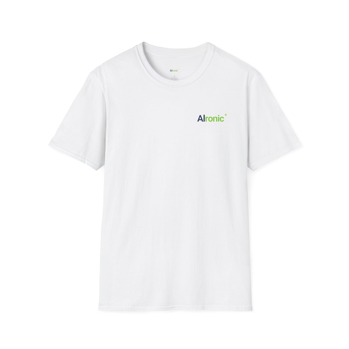 White T-Shirt featuring "AIronic Minimal Logo Casual" AI humor design by AIronic, gallery view 1