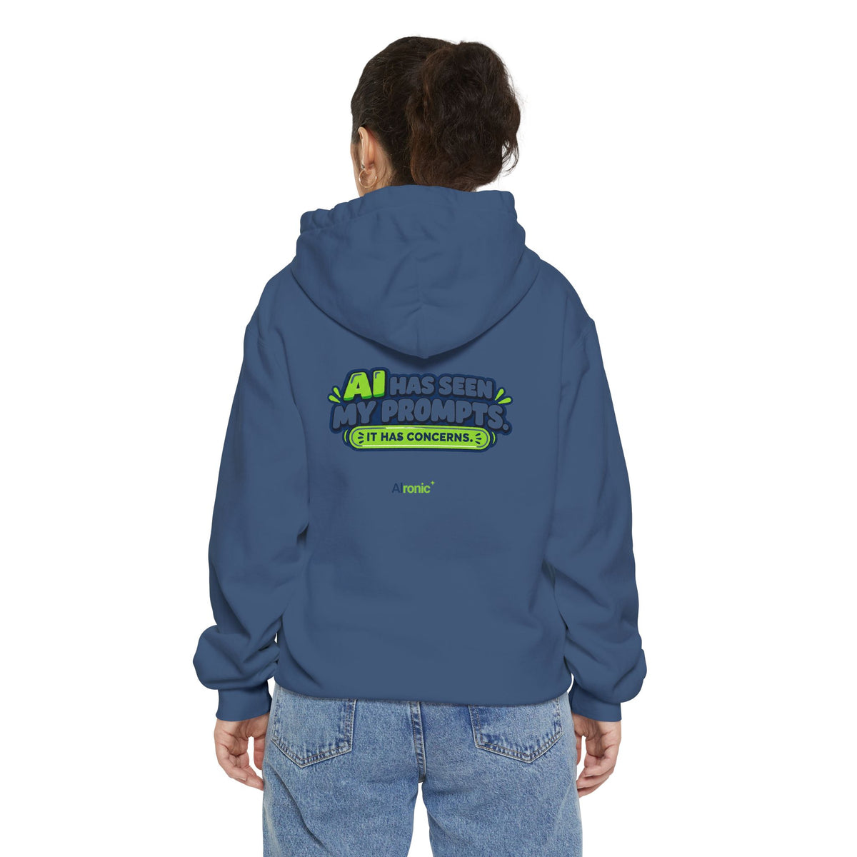 Grey hoodie featuring “AI has seen my prompts. It has concerns” AI humor design by AIronic, catalog view 4